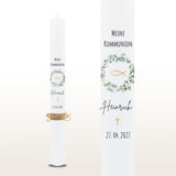 Taufkerze Blumenkranz Fisch grün gold – personalisiert