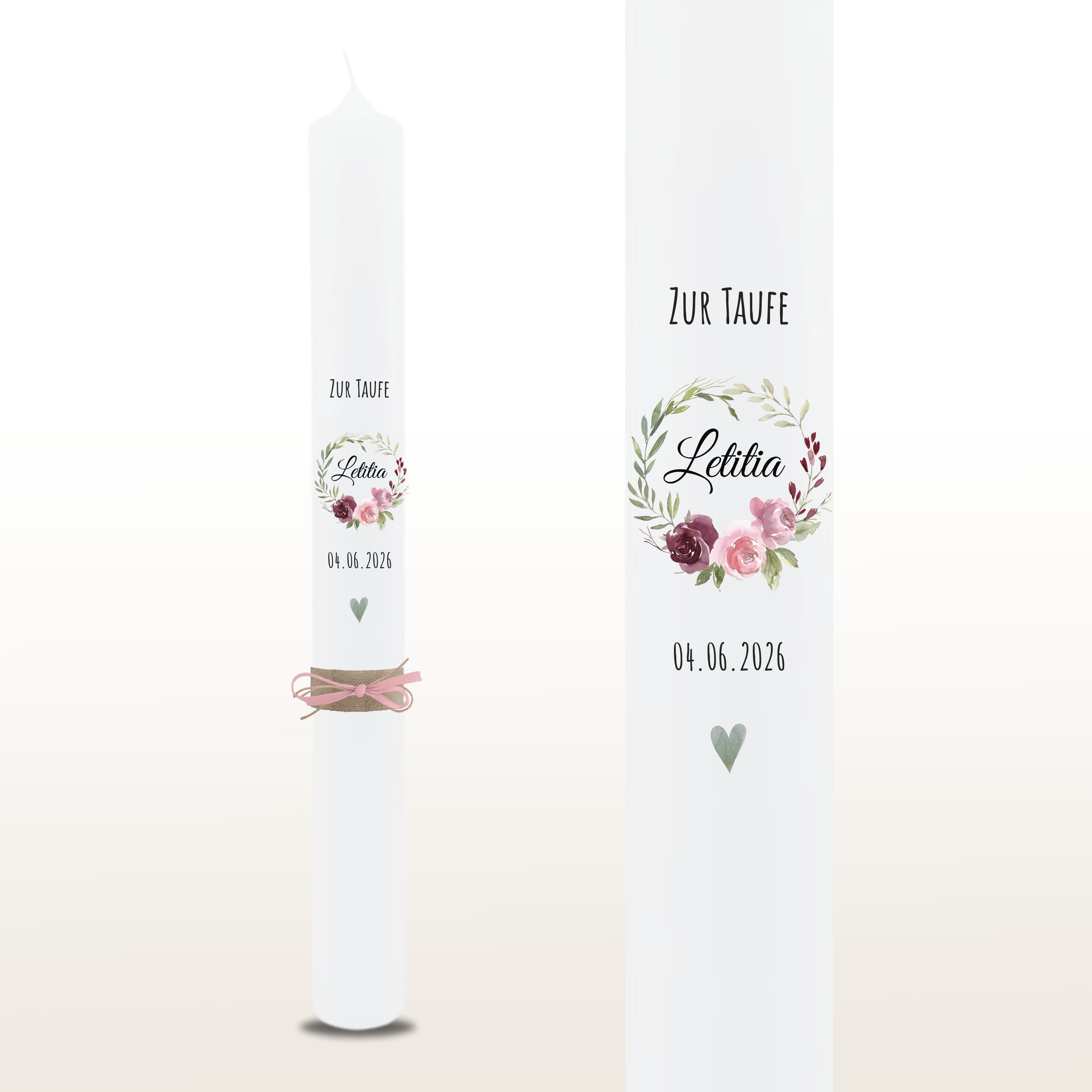 Taufkerze Blattkranz Rosen rosa – personalisiert