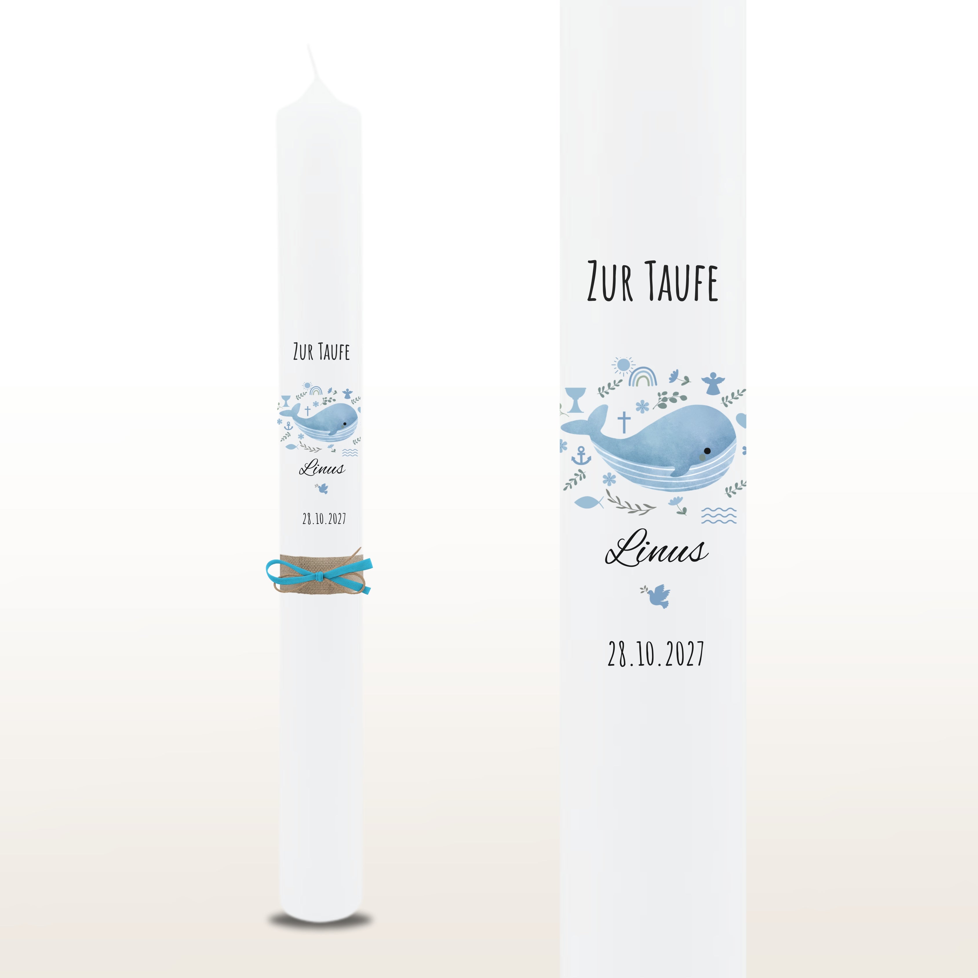 Taufkerze Wal Symbole blau – personalisiert