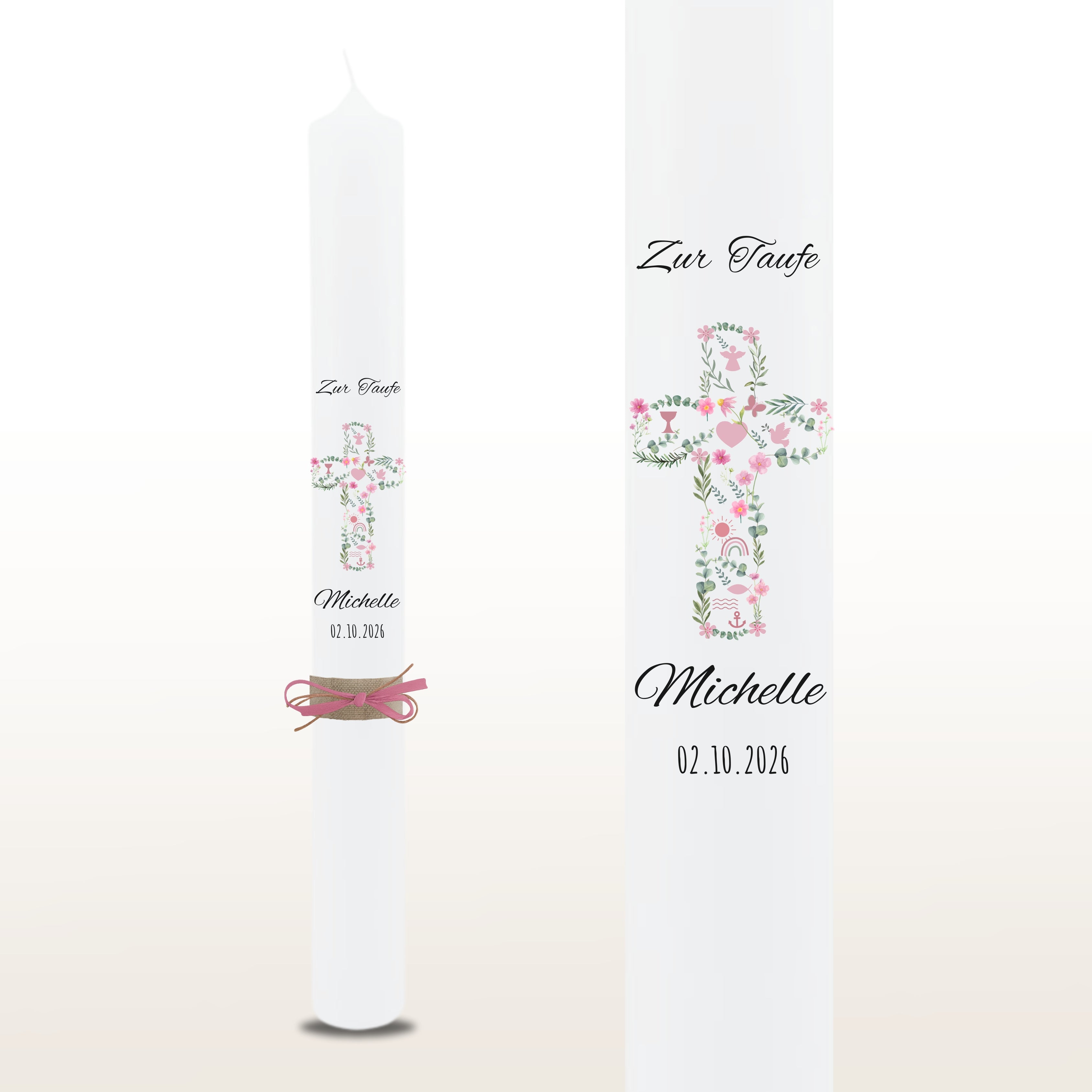 Taufkerze Kreuz Blumen Symbole rosa – personalisiert