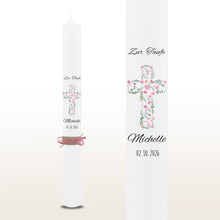 Lade das Bild in den Galerie-Viewer, Taufkerze &quot;Michelle&quot; Kreuz | christliche Symbole | Rosa - personalisiert
