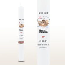 Lade das Bild in den Galerie-Viewer, Taufkerze &quot;Minna&quot; Wal hell blau mit christlichen Symbolen - personalisiert
