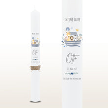 Load image into Gallery viewer, Taufkerze "Otto" Wal hell blau mit christlichen Symbolen - personalisiert
