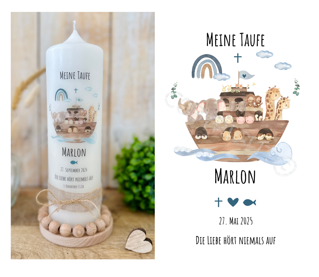 Taufkerze Arche Noah “Marlon“ | Boot | Kreuz| Spruch “Die Liebe hört... “ - personalisiert