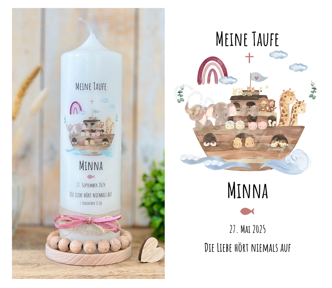 Taufkerze Arche Noah “Minna“ | Boot | Kreuz| Spruch “Die Liebe hört... “ - personalisiert