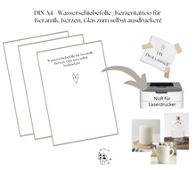 Lade das Bild in den Galerie-Viewer, 3 Stück DIN A4 - Wasserschiebefolie /Kerzentattoo Blanco für Keramik, Kerzen, Glas zum selbst ausdrucken -Nur für Laserdrucker diy- Kerzensticker DIY
