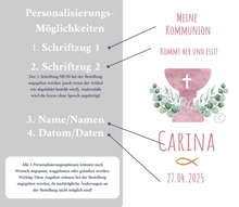 Lade das Bild in den Galerie-Viewer, Kommunionkerze &quot; Kommt her und esst-Carina&quot; - personalisiert
