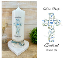 Load image into Gallery viewer, Taufkerze &quot;Gabriel&quot; Kreuz christliche Symbole - personalisiert
