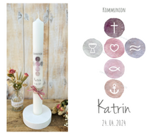 Load image into Gallery viewer, Kommunionkerze &quot;Katrin&quot; christliche Symbole - personalisiert

