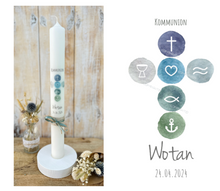Load image into Gallery viewer, Kommunionkerze &quot;Wotan&quot; christliche Symbole - personalisiert
