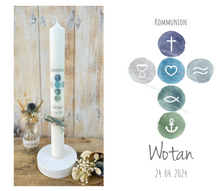 Lade das Bild in den Galerie-Viewer, Kommunionkerze &quot;Wotan&quot; christliche Symbole - personalisiert
