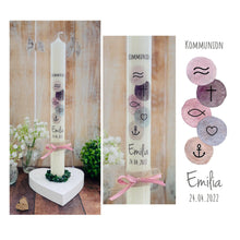 Charger l&#39;image dans la galerie, Kommunionkerze &quot;Emilia&quot; christliche Symbole - personalisiert
