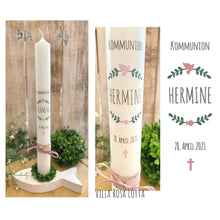 Load image into Gallery viewer, Kommunionkerze &quot;Hermine“ Blätterzweige - personalisiert
