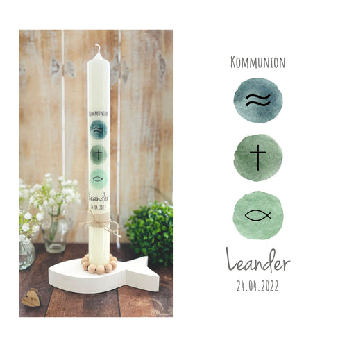 Kommunionkerze “Leander” christliche Symbole - personalisiert