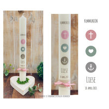 Load image into Gallery viewer, Kommunionkerze “Liese“ christliche Symbole - personalisiert
