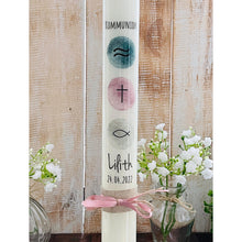 Load image into Gallery viewer, Kommunionkerze “Lilith“ christliche Symbole - personalisiert
