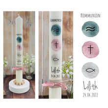 Load image into Gallery viewer, Kommunionkerze “Lilith“ christliche Symbole - personalisiert
