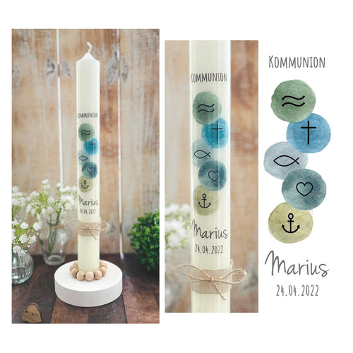 Kommunionkerze “Marius“ christliche Symbole - personalisiert