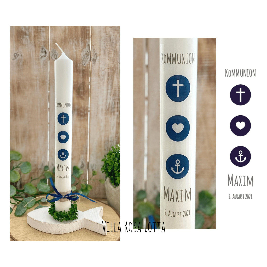 Kommunionkerze “Maxim“ christliche Symbole - personalisiert