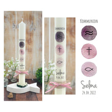 Load image into Gallery viewer, Kommunionkerze “Selma“ christliche Symbole - personalisiert
