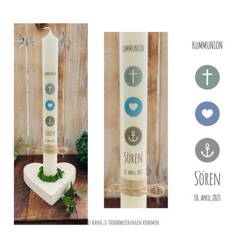 Kommunionkerze “Sören“ christliche Symbole - personalisiert