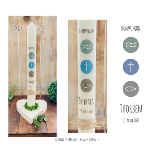 Kommunionkerze “Thorben“ christliche Symbole - personalisiert