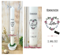 Load image into Gallery viewer, Kommunionkerze &quot;Lotta&quot; Pfingstrosen - personalisiert
