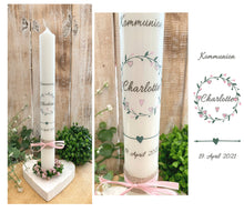 Lade das Bild in den Galerie-Viewer, Taufkerze / Konfirmationskerze &quot;Charlotte&quot; Herzenkranz Rosa - personalisiert
