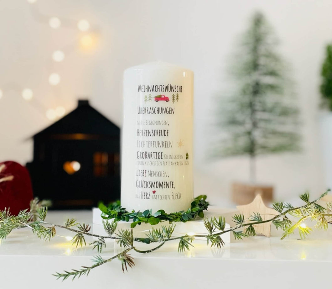 Weihnachtskerze/Adventskerze * Kaspar Weihnachtswünsche * Auto rot mit Tanne & Text
