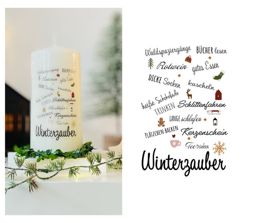 Weihnachtskerze/Adventskerze * Skadi Winterzauber * Kerze mit Text und winterlichen Motiven